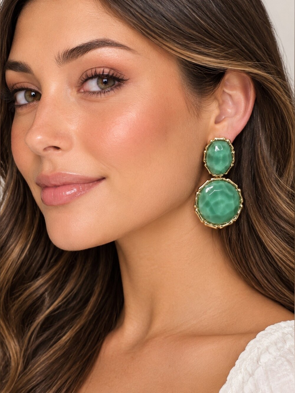 Earrings Abstract Green Resin Faux Stone Water Drop Stacked Molten Gold Jewelry